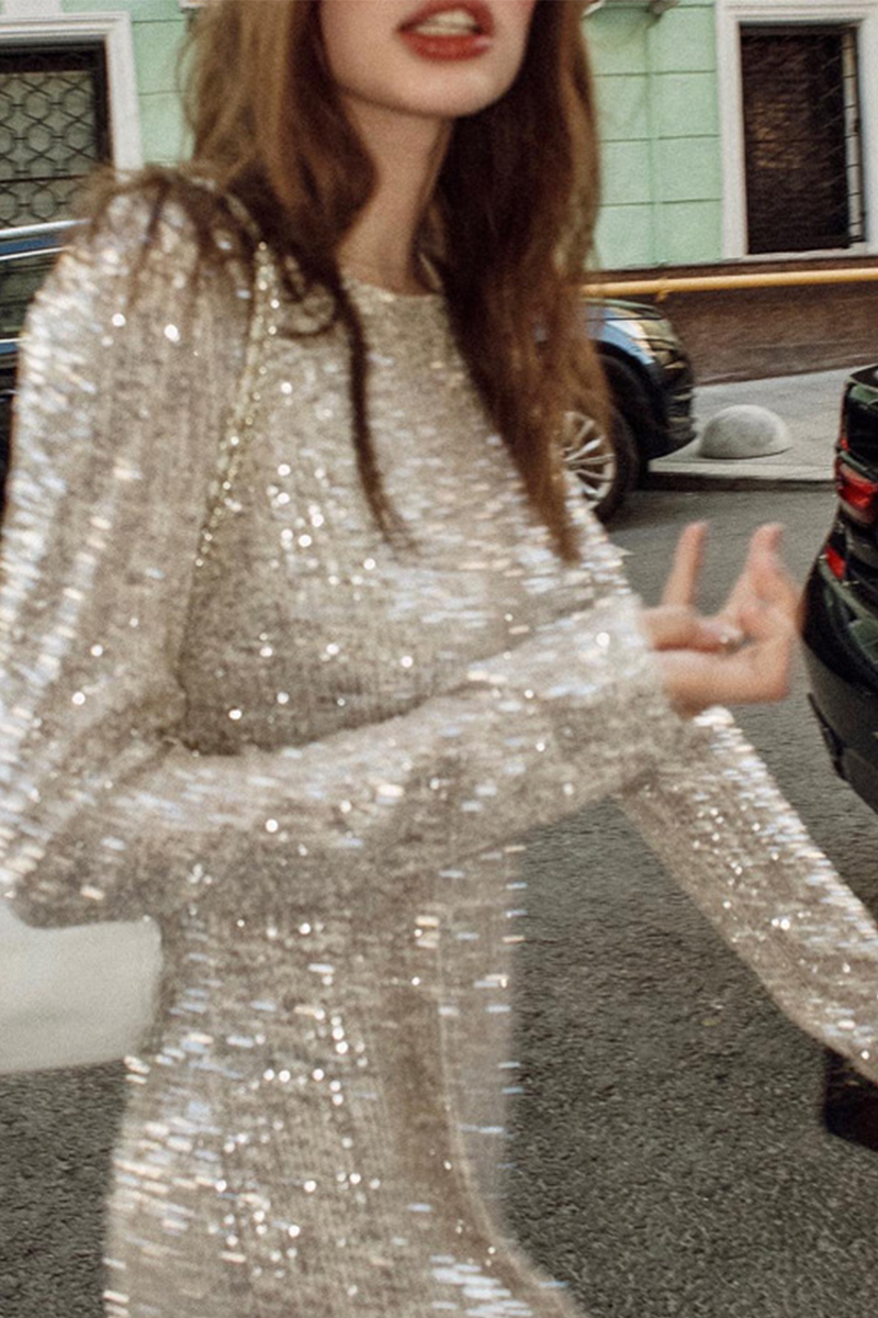 Vestidos sexis de fiesta con lentejuelas sólidas y cuello redondo con falda cruzada