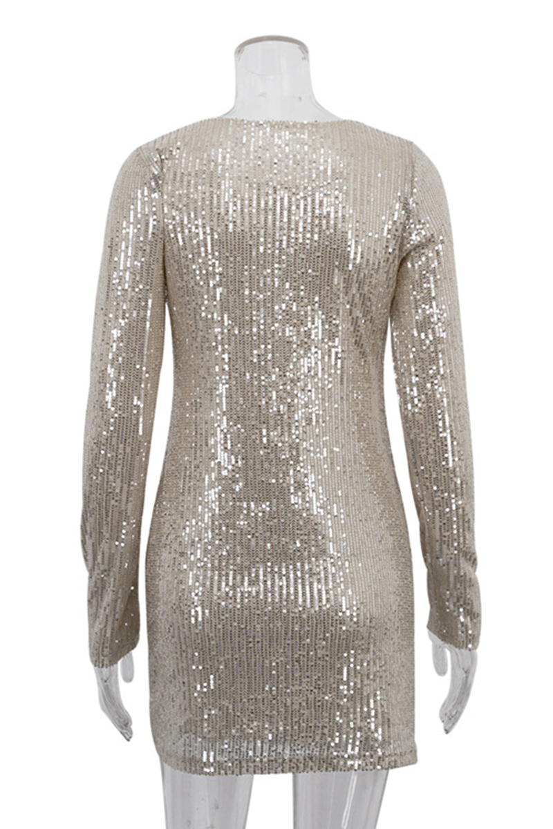 Vestidos sexis de fiesta con lentejuelas sólidas y cuello redondo con falda cruzada