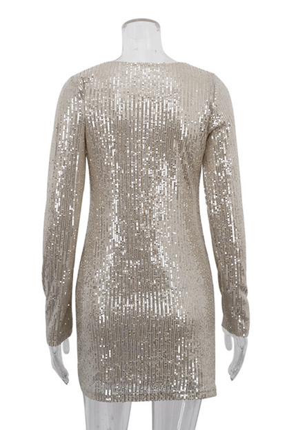 Vestidos sexis de fiesta con lentejuelas sólidas y cuello redondo con falda cruzada