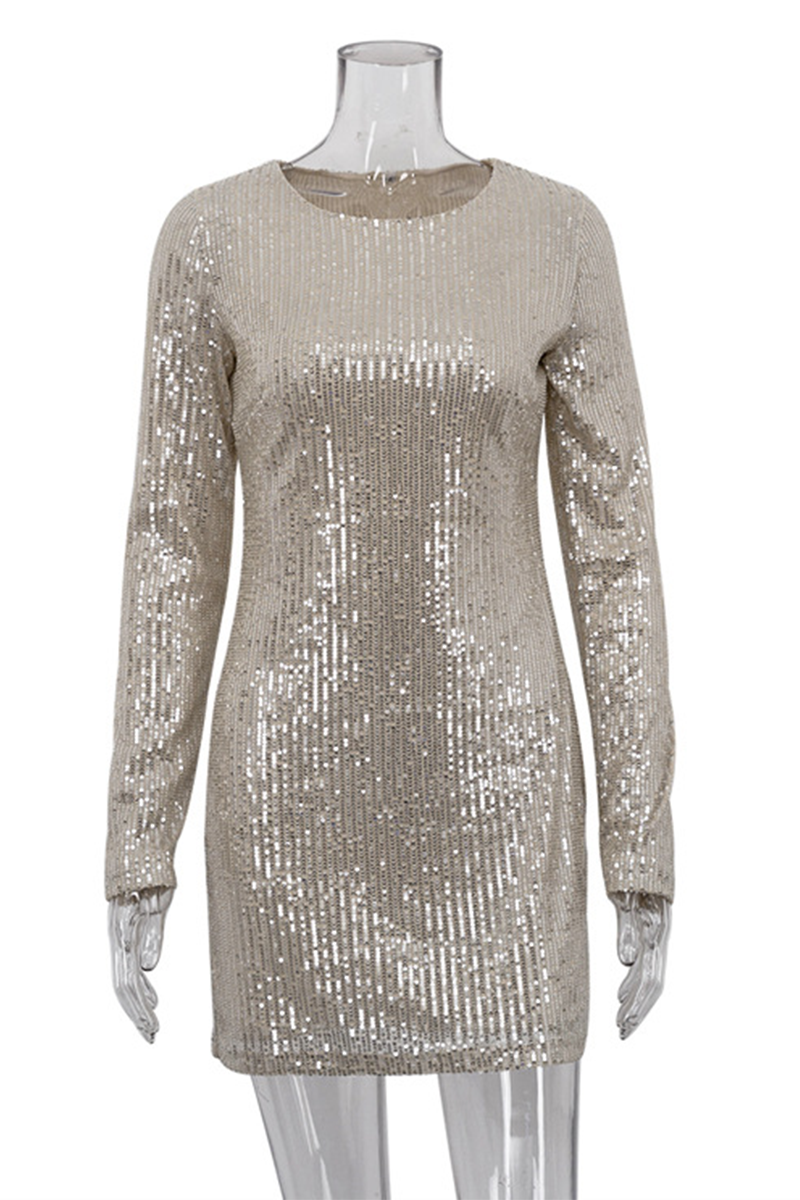 Vestidos sexis de fiesta con lentejuelas sólidas y cuello redondo con falda cruzada