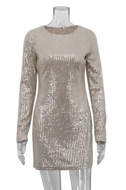 Vestidos sexis de fiesta con lentejuelas sólidas y cuello redondo con falda cruzada