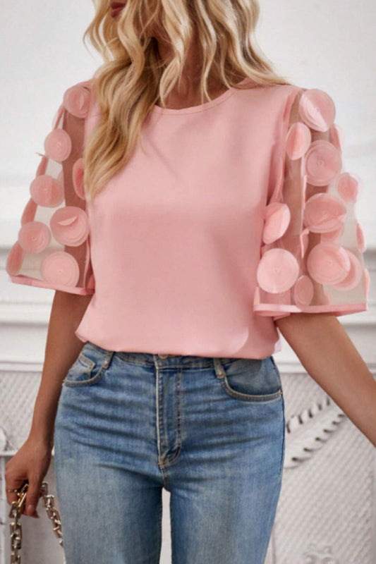 Camisetas de cuello redondo con apliques lisos dulces