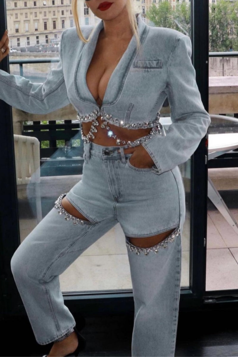 Chaqueta vaquera informal de manga larga con cuello vuelto, parches lisos y diamantes de imitación