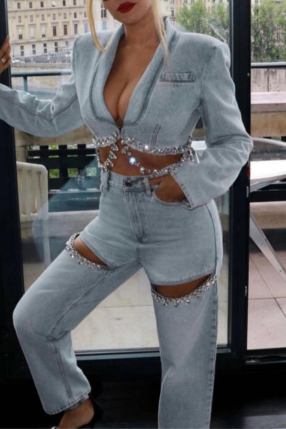 Chaqueta vaquera informal de manga larga con cuello vuelto, parches lisos y diamantes de imitación