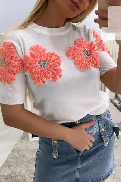 Sweet Solid Appliques Contrast O Neck Tops