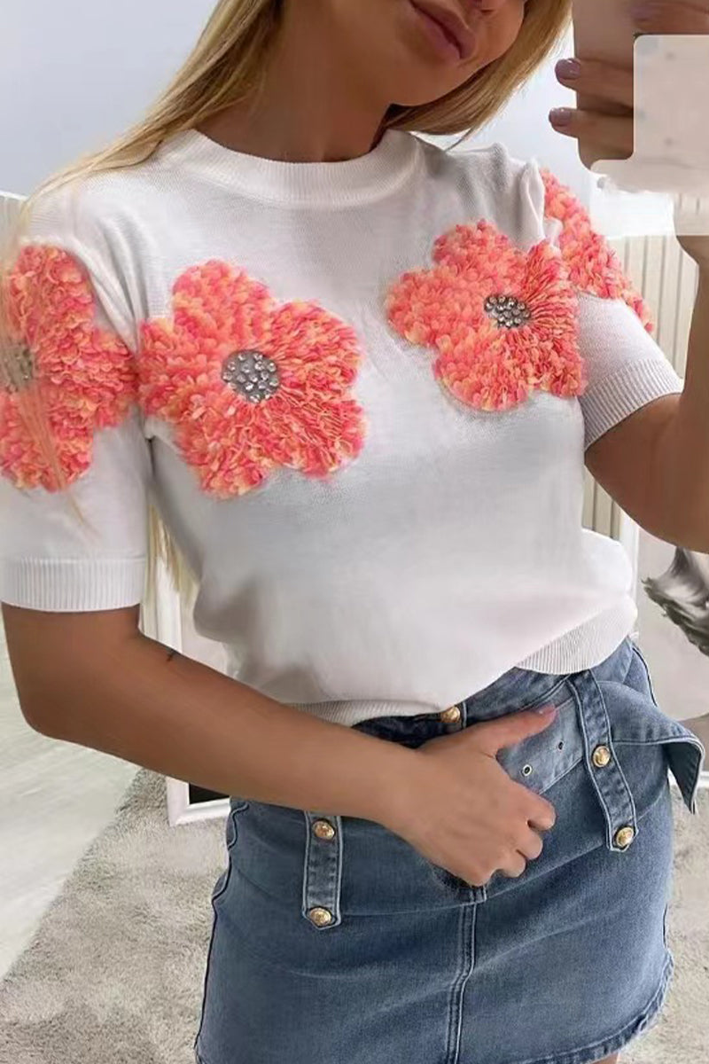 Sweet Solid Appliques Contrast O Neck Sweaters(4 Colors)