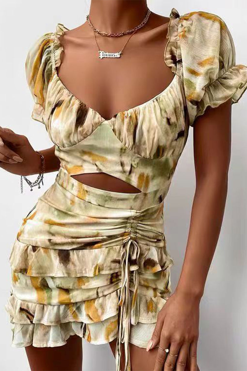 Sexy Floral Draw String Flounce V Neck Irregular Dresses