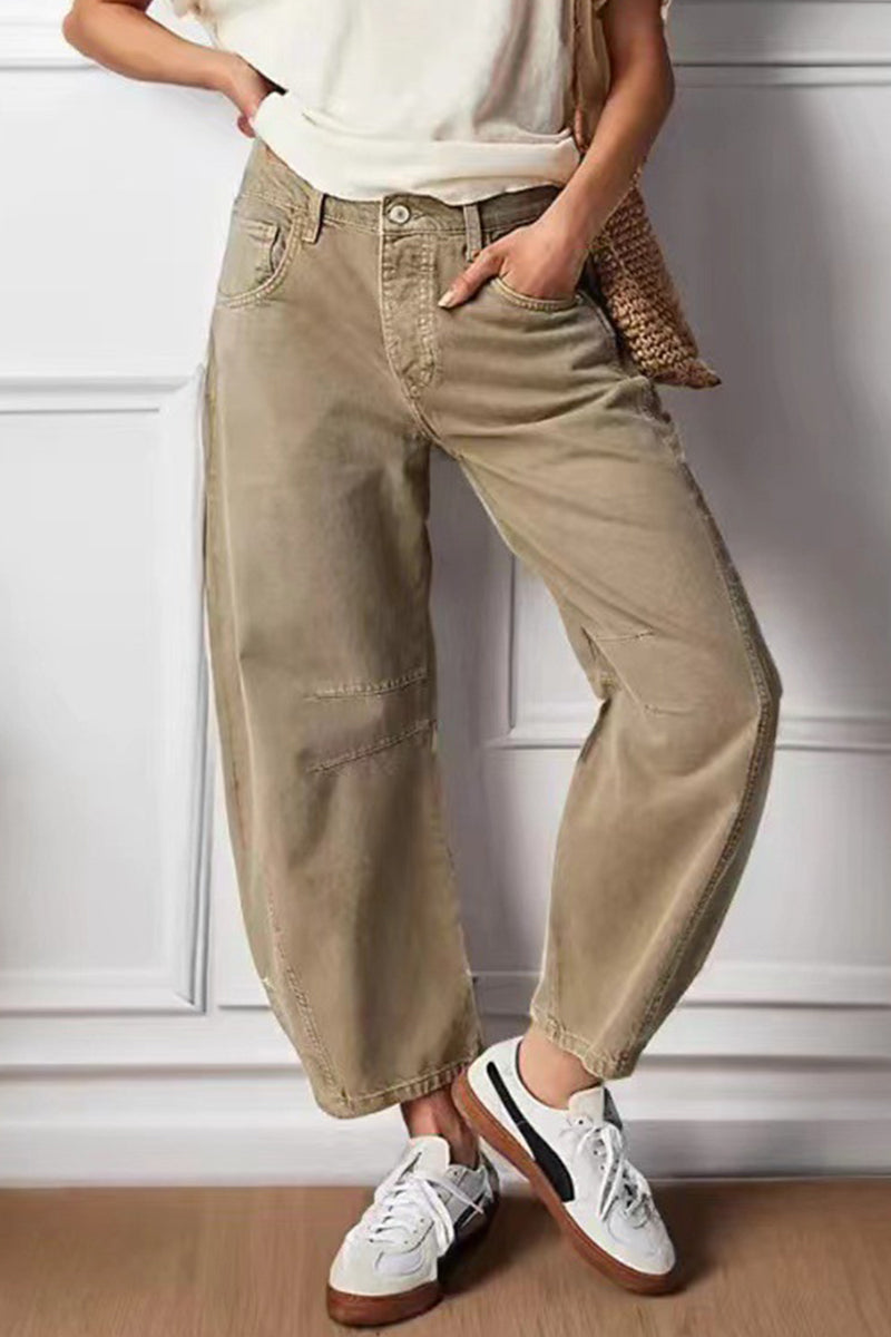 Vaqueros holgados de cintura alta con bolsillos viejos y estilo casual de color sólido