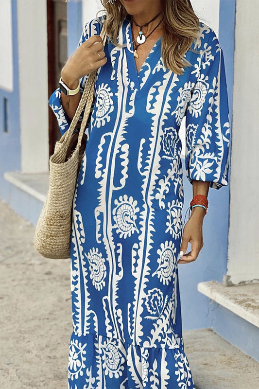 Vestidos casuales vintage con estampado geométrico, cuello en V y corte A