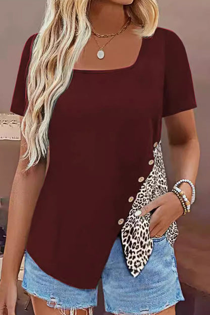 Casual Leopard Patchwork Buttons Square Collar T-Shirts