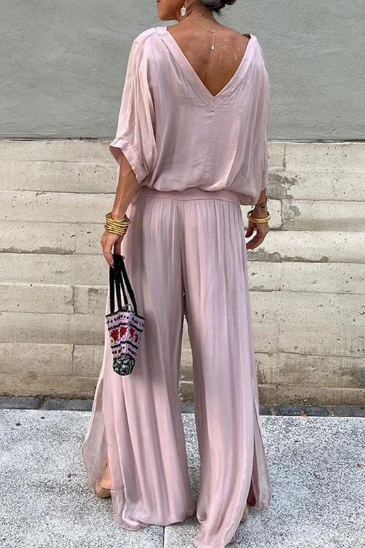 Elegante conjunto de dos piezas con cuello en V, media manga y patchwork liso
