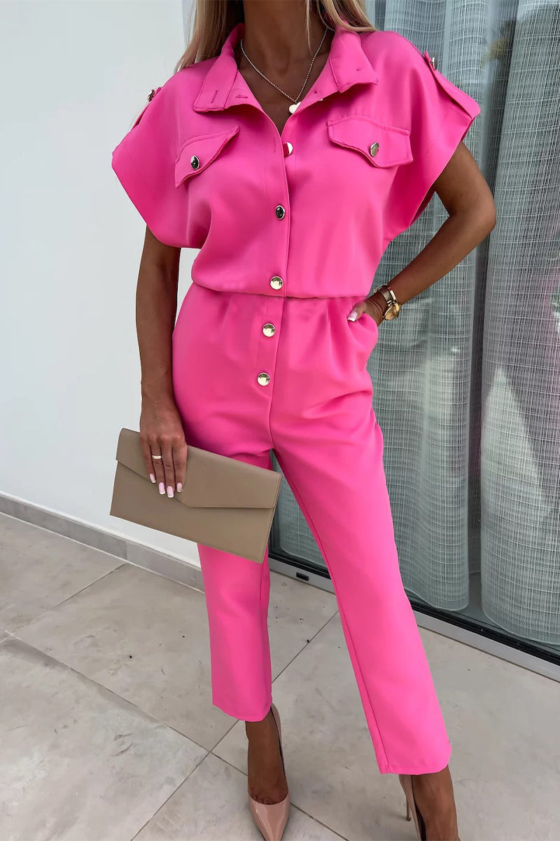 Monos rectos informales con cuello vuelto y botones lisos