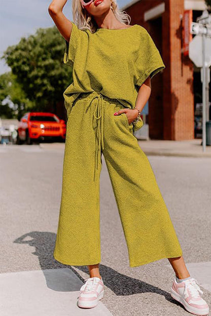 Casual Simplicity Solid Pocket Texture O Neck Short Sleeve Two Pieces