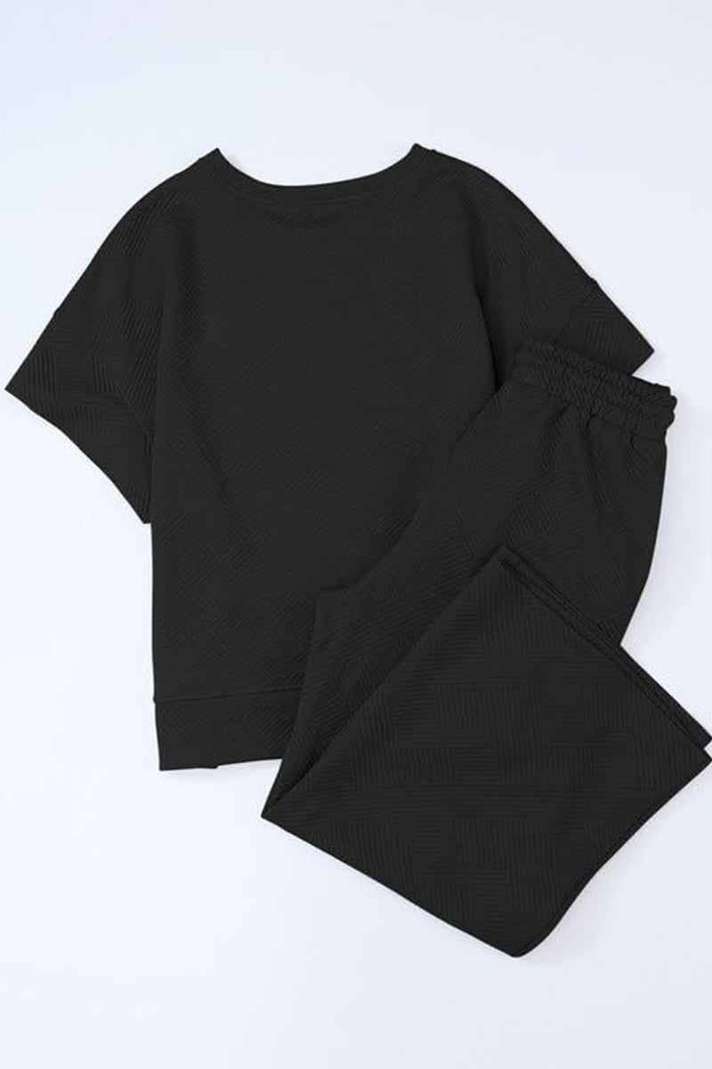 Conjunto informal sencillo de dos piezas con bolsillos lisos, cuello redondo, manga corta (13 colores)