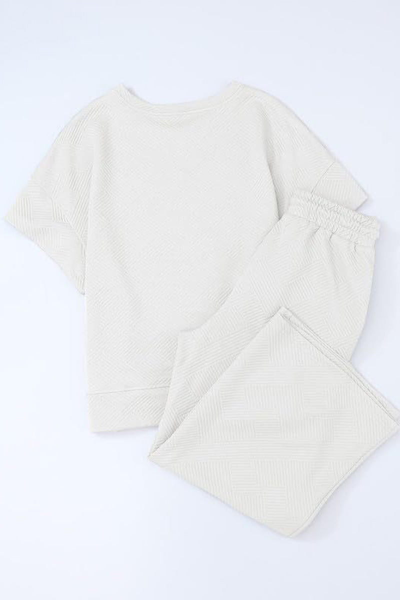 Conjunto informal sencillo de dos piezas con bolsillos lisos, cuello redondo, manga corta (13 colores)