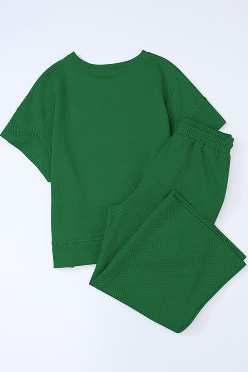 Conjunto informal sencillo de dos piezas con bolsillos lisos, cuello redondo, manga corta (13 colores)