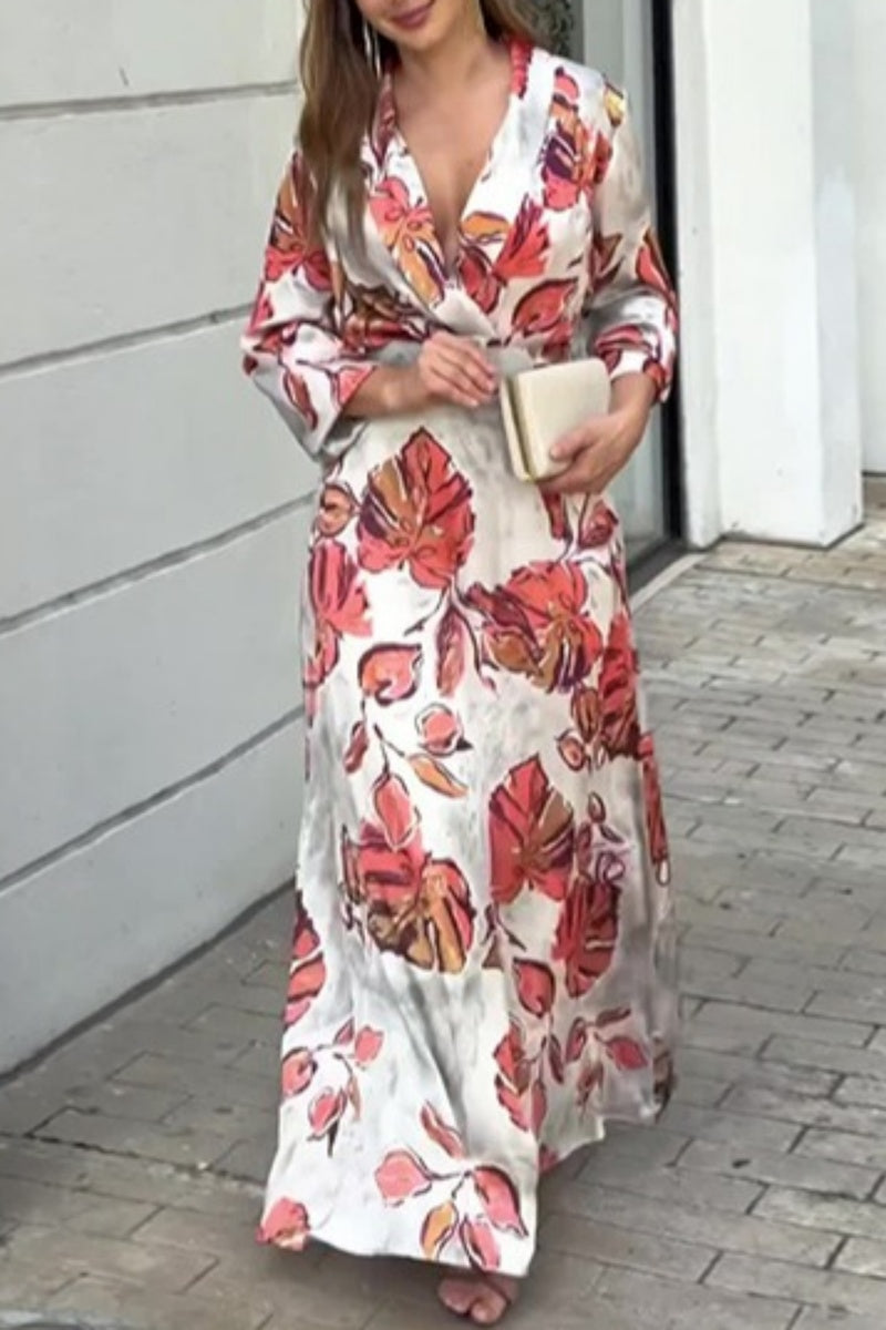 Vestidos largos casuales con cuello en V y estampado de patchwork