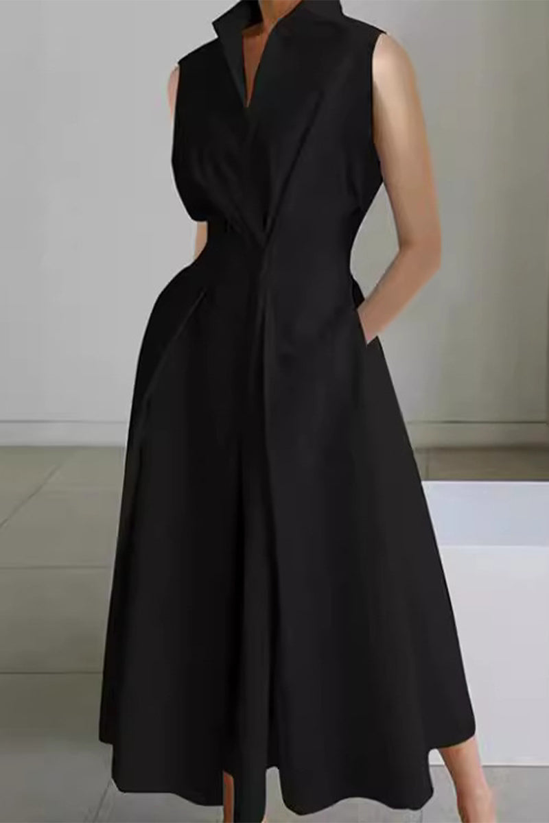 Casual Simplicity Solid Pocket Fold V Neck Shirt Dresses(5 Colors)