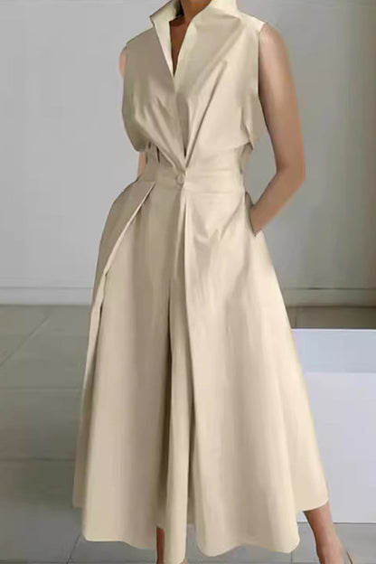 Casual Simplicity Solid Pocket Fold V Neck Shirt Dresses(5 Colors)