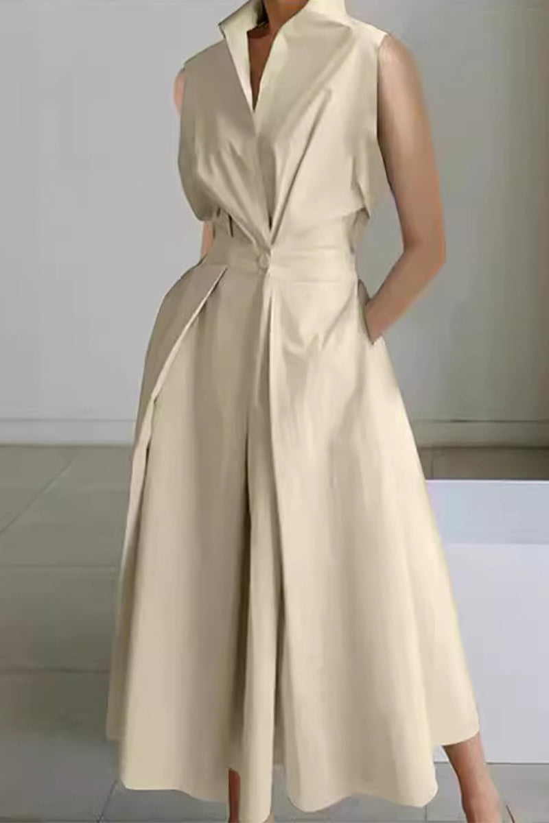 Casual Simplicity Solid Pocket Fold V Neck Shirt Dresses(5 Colors)