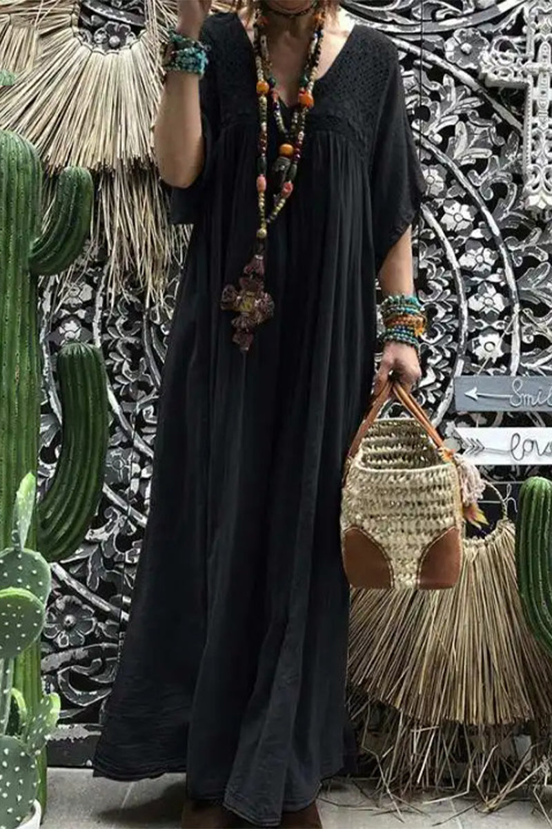 Vestidos casuales de encaje liso con escote en V y corte A (sin accesorios)
