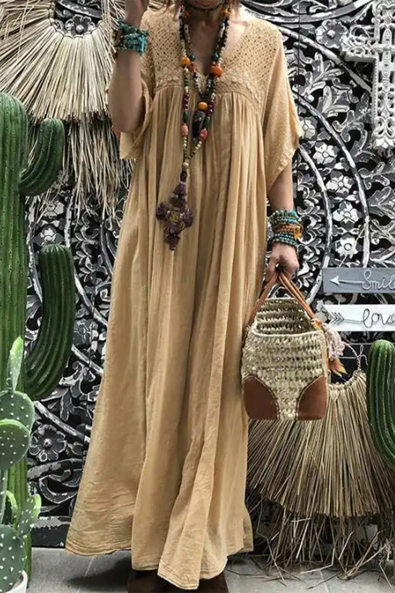 Vestidos casuales de encaje liso con escote en V y corte A (sin accesorios)