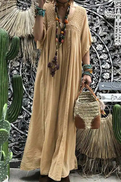 Vestidos casuales de encaje liso con escote en V y corte A (sin accesorios)