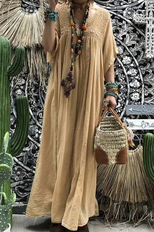 Vestidos casuales de encaje liso con escote en V y corte A (sin accesorios)