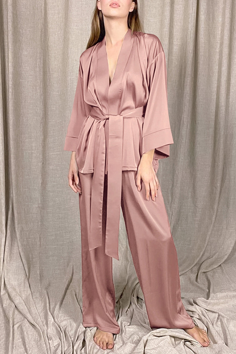 Conjunto de dos piezas informal, sencillo, liso, con escote en V y manga larga