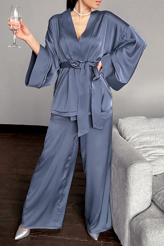 Conjunto de dos piezas informal, sencillo, liso, con escote en V y manga larga