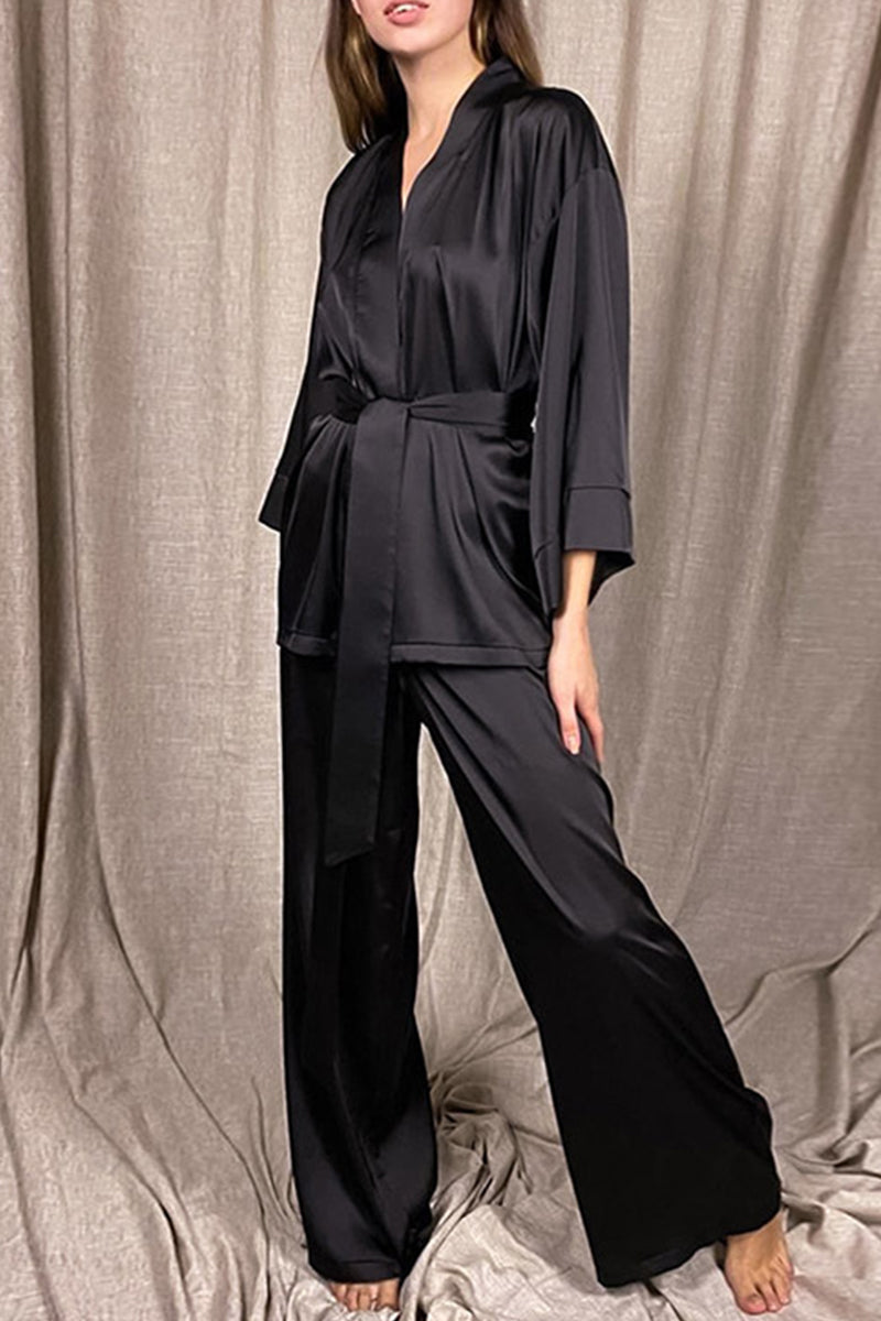 Conjunto de dos piezas informal, sencillo, liso, con escote en V y manga larga