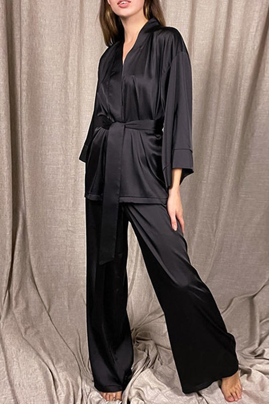 Conjunto de dos piezas informal, sencillo, liso, con escote en V y manga larga