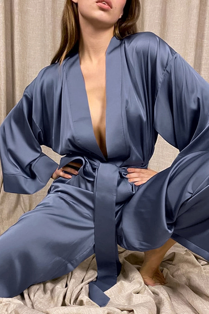 Conjunto de dos piezas informal, sencillo, liso, con escote en V y manga larga
