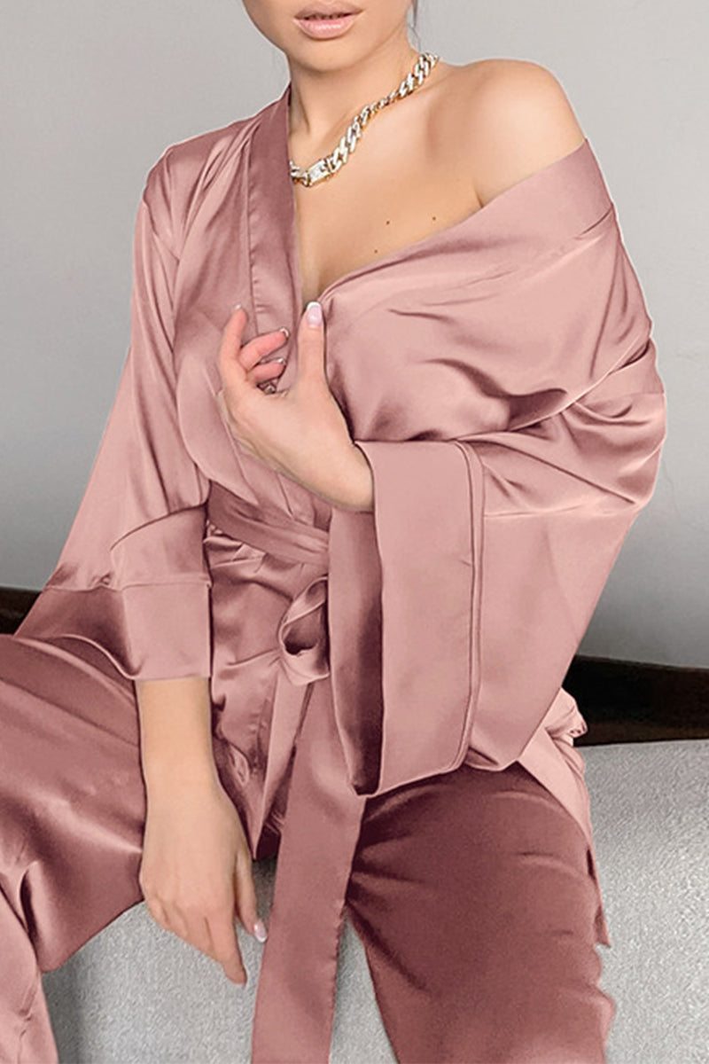 Conjunto de dos piezas informal, sencillo, liso, con escote en V y manga larga