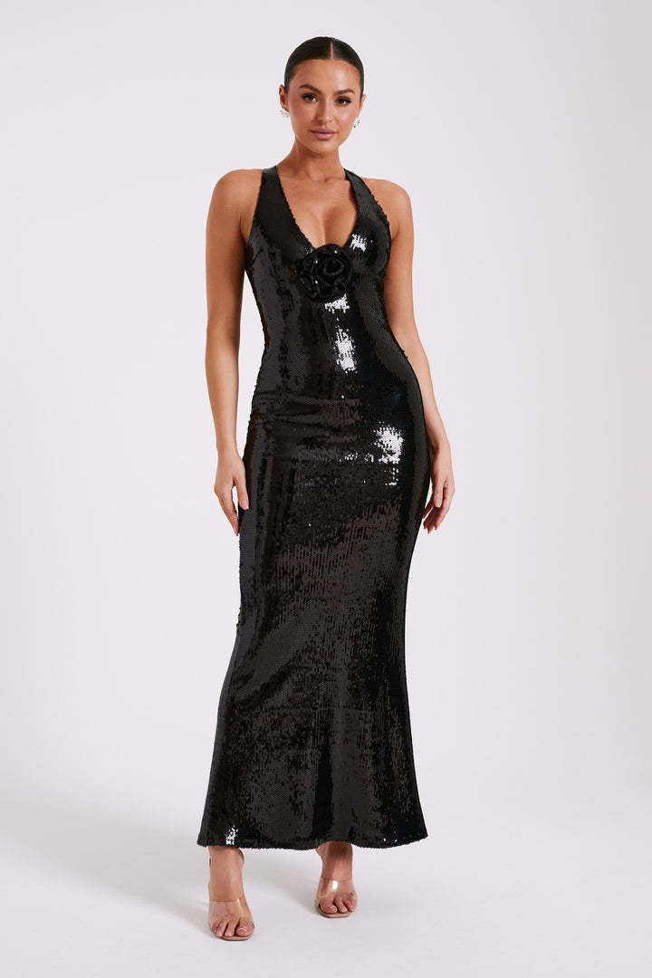 Backless Floral Sequin Maxi Dress