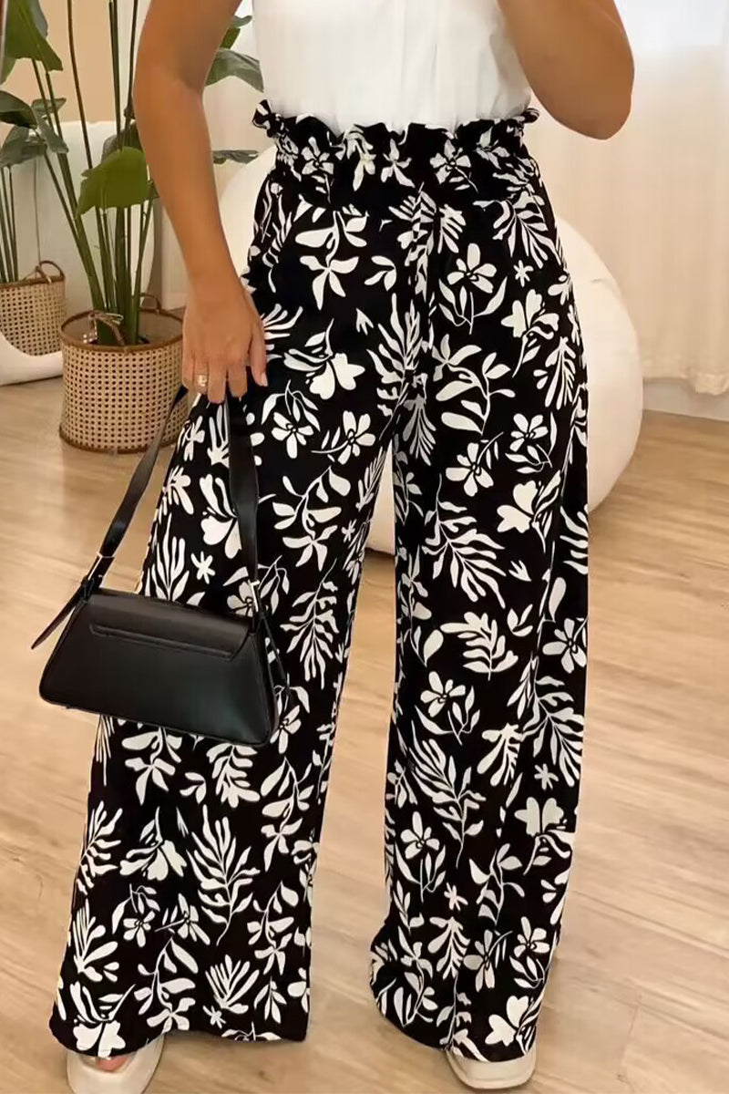 Pantalones casuales vintage con estampado floral, sueltos, de cintura alta y pierna ancha