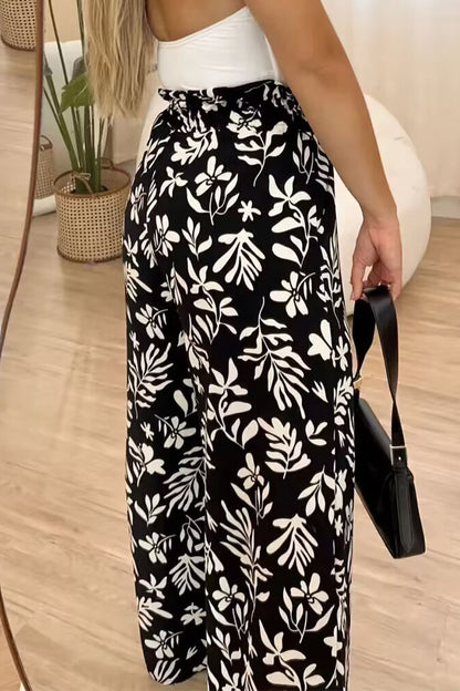 Pantalones casuales vintage con estampado floral, sueltos, de cintura alta y pierna ancha