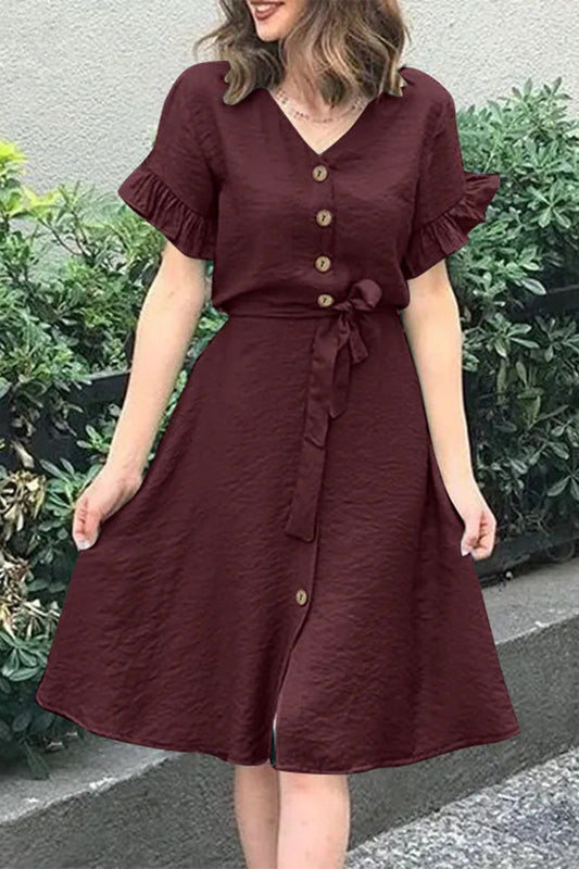 Casual Simplicity Solid Frenulum Buckle Flounce V Neck A Line Dresses