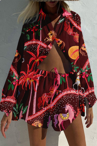 Casual Vintage Geometric Print Draw String Pocket Turndown Collar Long Sleeve Two Pieces