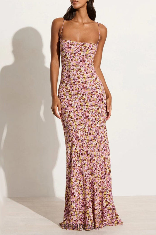 Sexy Vintage Print Flowers Backless Strap Design U Neck One Step Skirt Dresses(3 Colors)