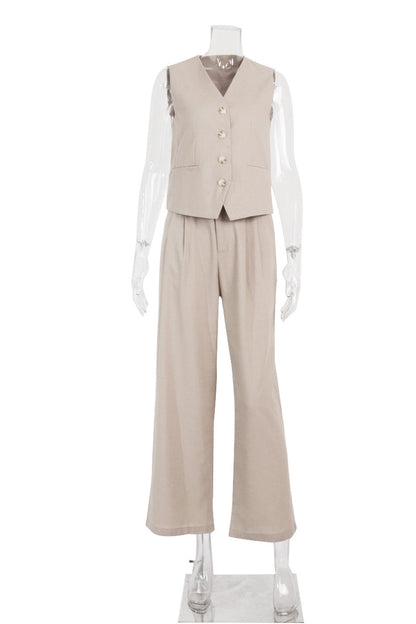 Conjunto informal de dos piezas con cuello en V, sin mangas, estilo británico, con hebilla sólida (3 colores)