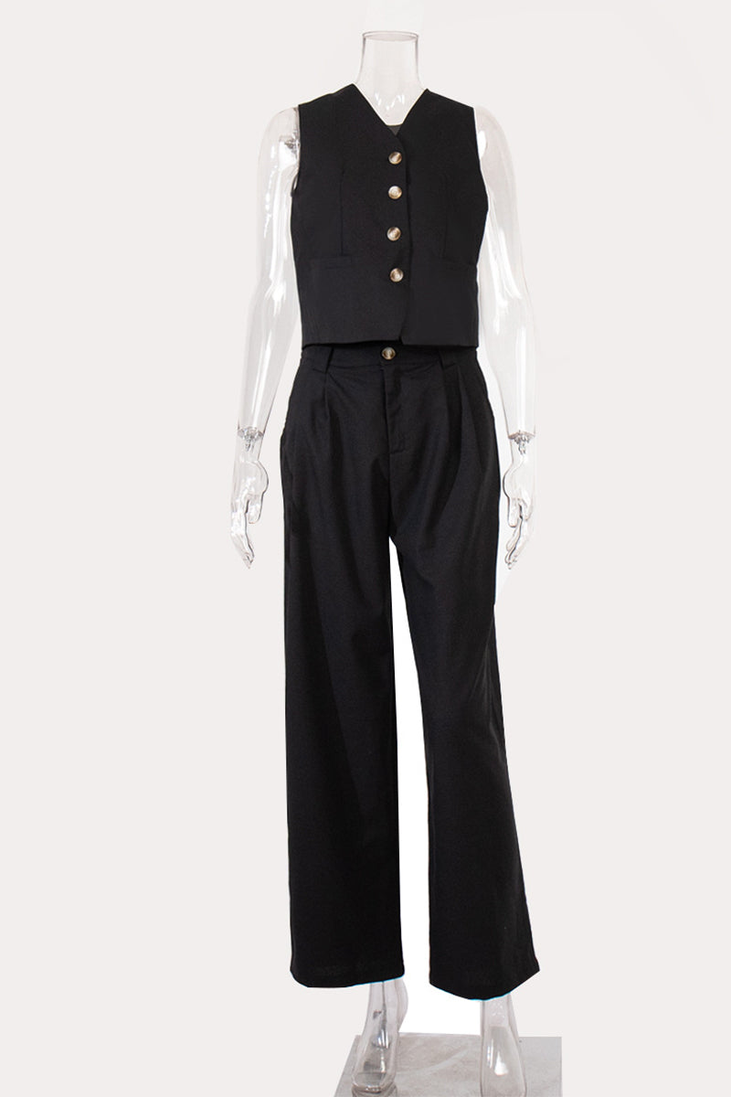 Conjunto informal de dos piezas con cuello en V, sin mangas, estilo británico, con hebilla sólida (3 colores)