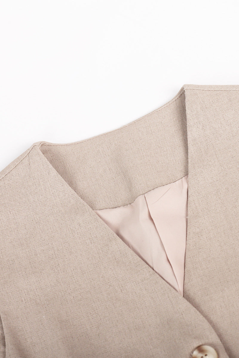 Conjunto informal de dos piezas con cuello en V, sin mangas, estilo británico, con hebilla sólida (3 colores)