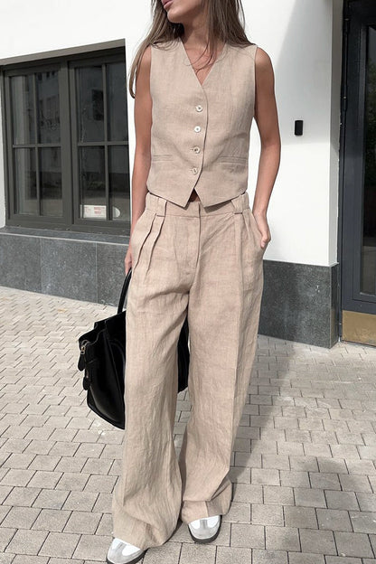 Conjunto informal de dos piezas con cuello en V, sin mangas, estilo británico, con hebilla sólida (3 colores)