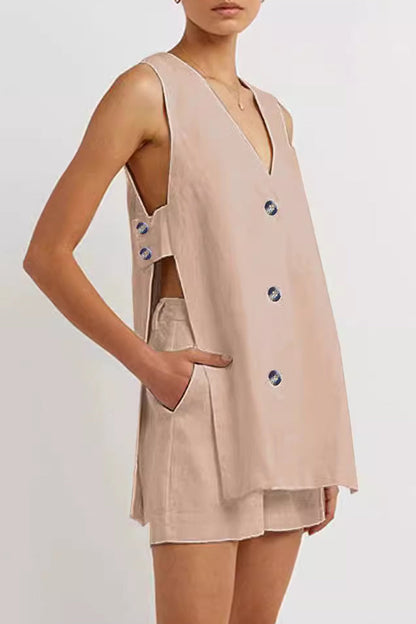 Casual British Style Solid Pocket Buckle V Neck Sleeveless Two Pieces
