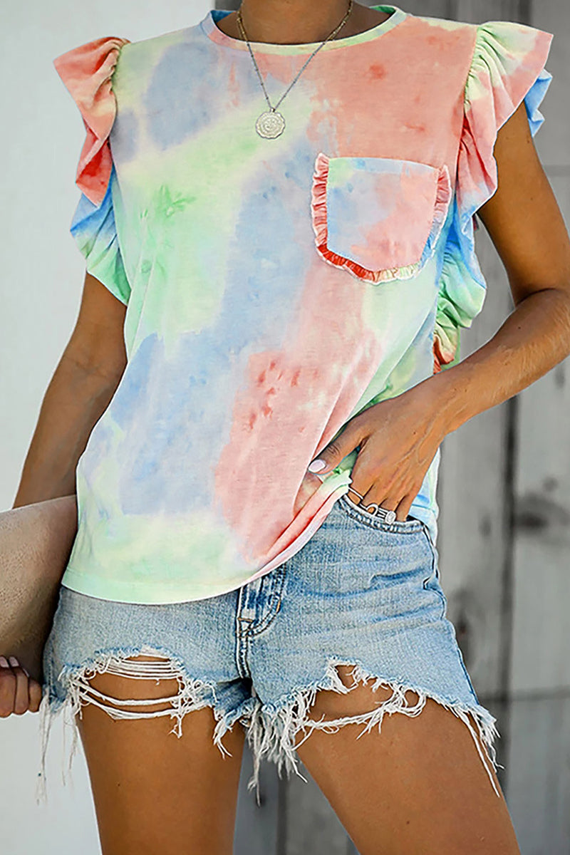 Camisetas casuales con cuello redondo y volantes con estampado vintage