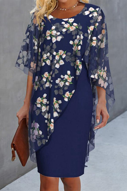 Elegant College Floral Flounce Asymmetrical O Neck Half Sleeve Two Pieces(3 Colors)