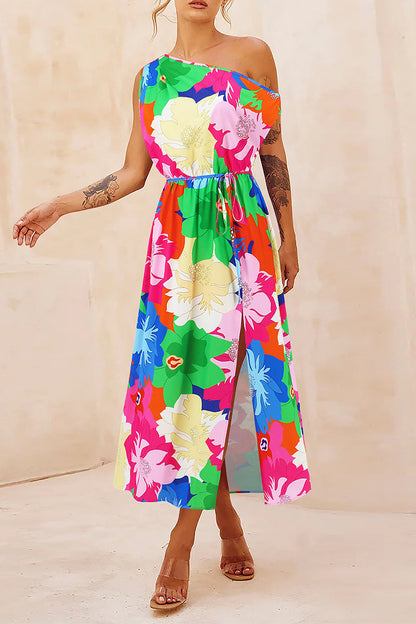 Elegant Floral Draw String Slit Oblique Collar Printed Dresses