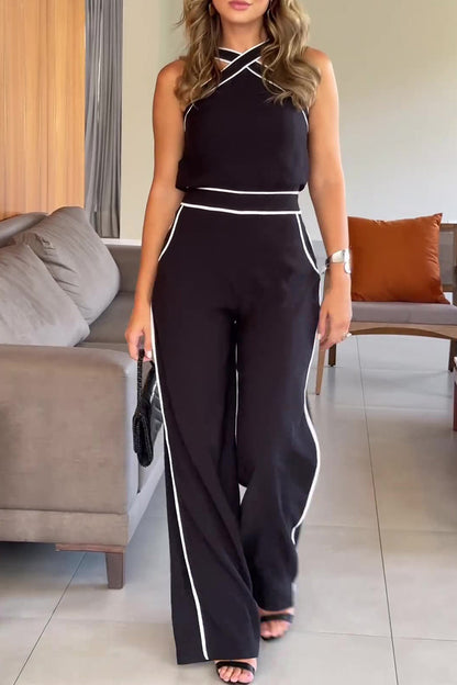Casual British Style Solid Pocket Contrast Halter Sleeveless Two Pieces