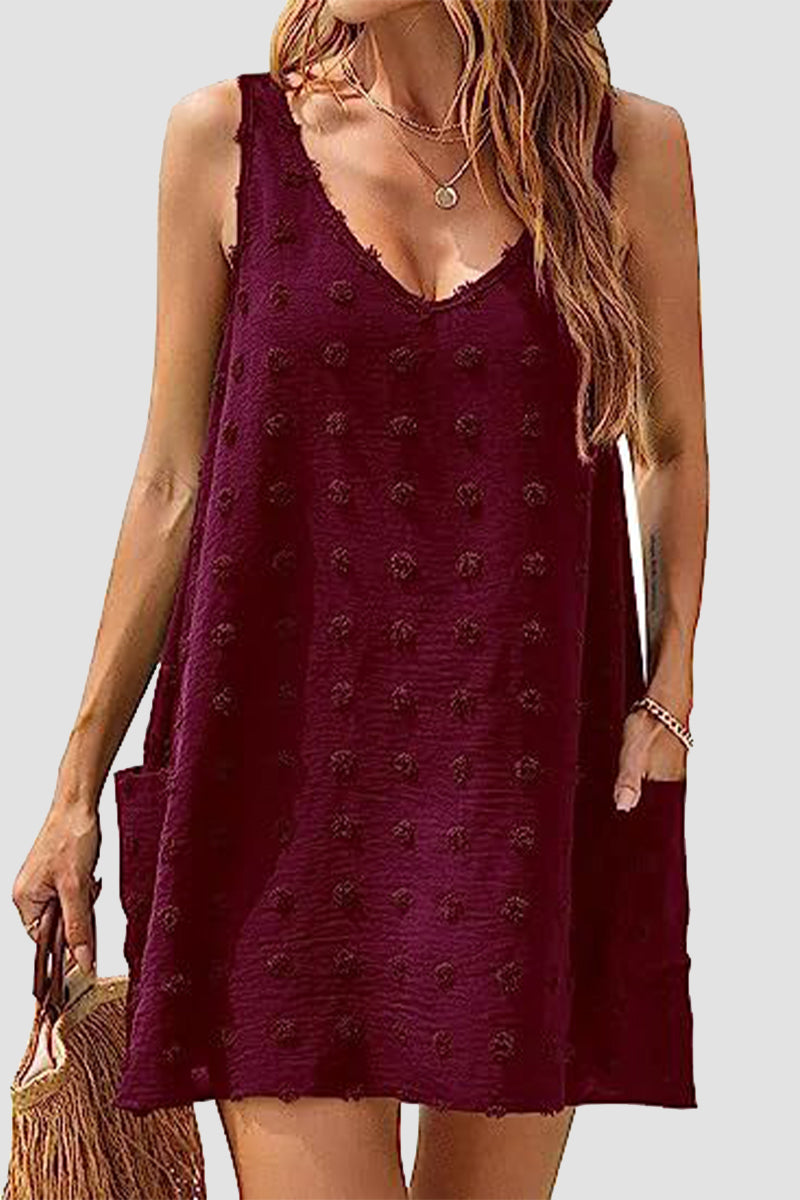 Vestidos playeros informales de vacaciones con cuello en V y bola de pelo y bolsillo de jacquard liso